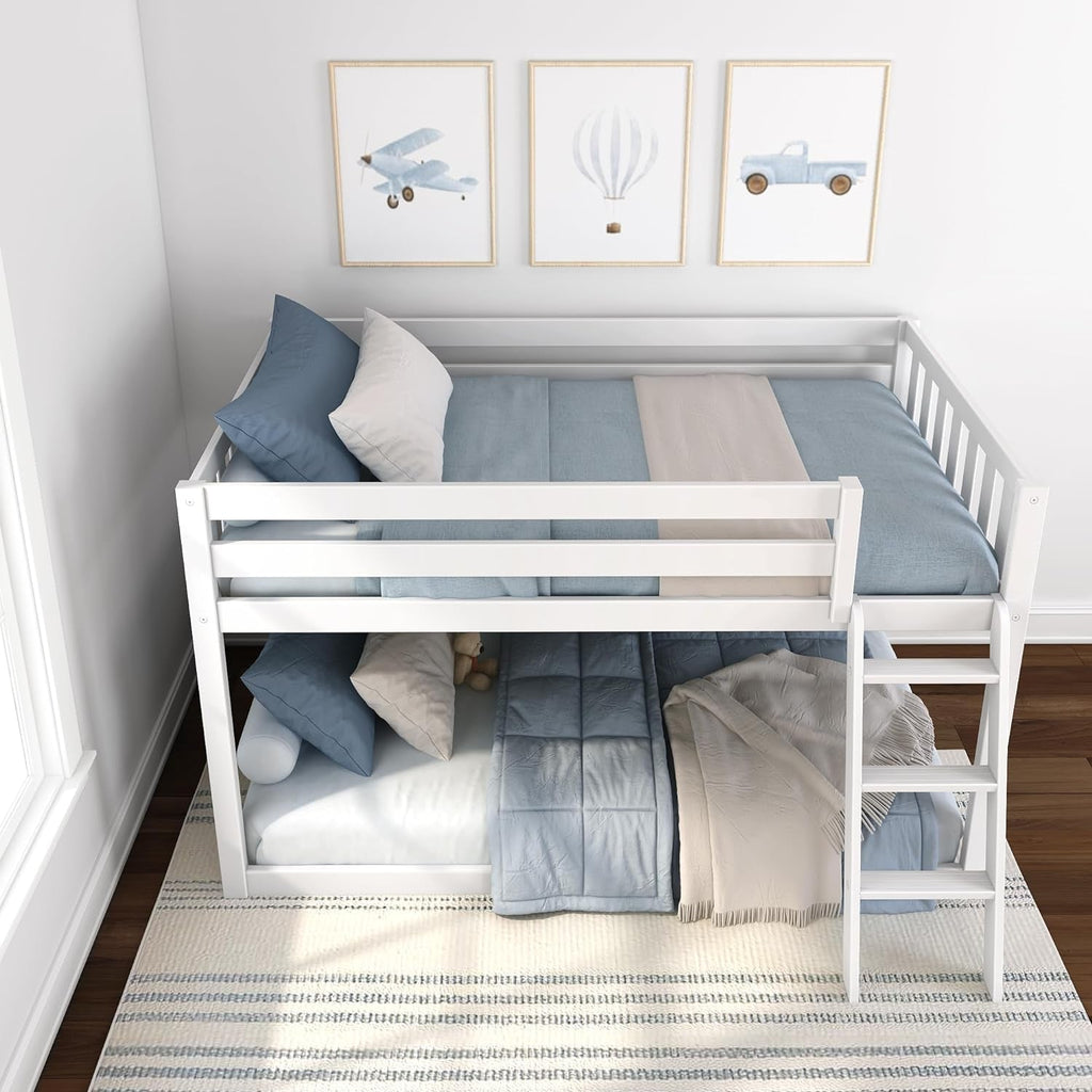 White Twin Low Bunk Bed Solid Wood Frame For Kids Safe