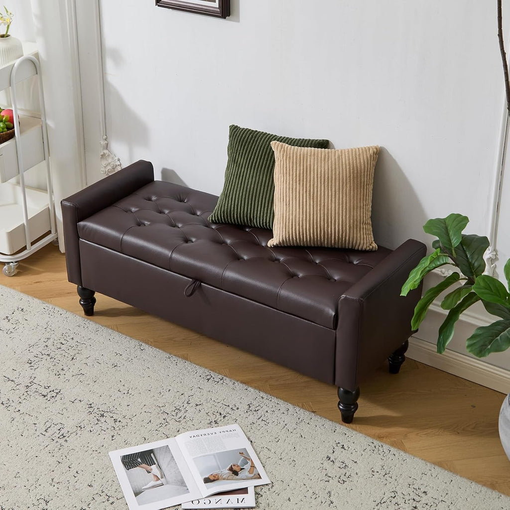 Brown Genuine Leather Storage Ottoman Bench Bedside