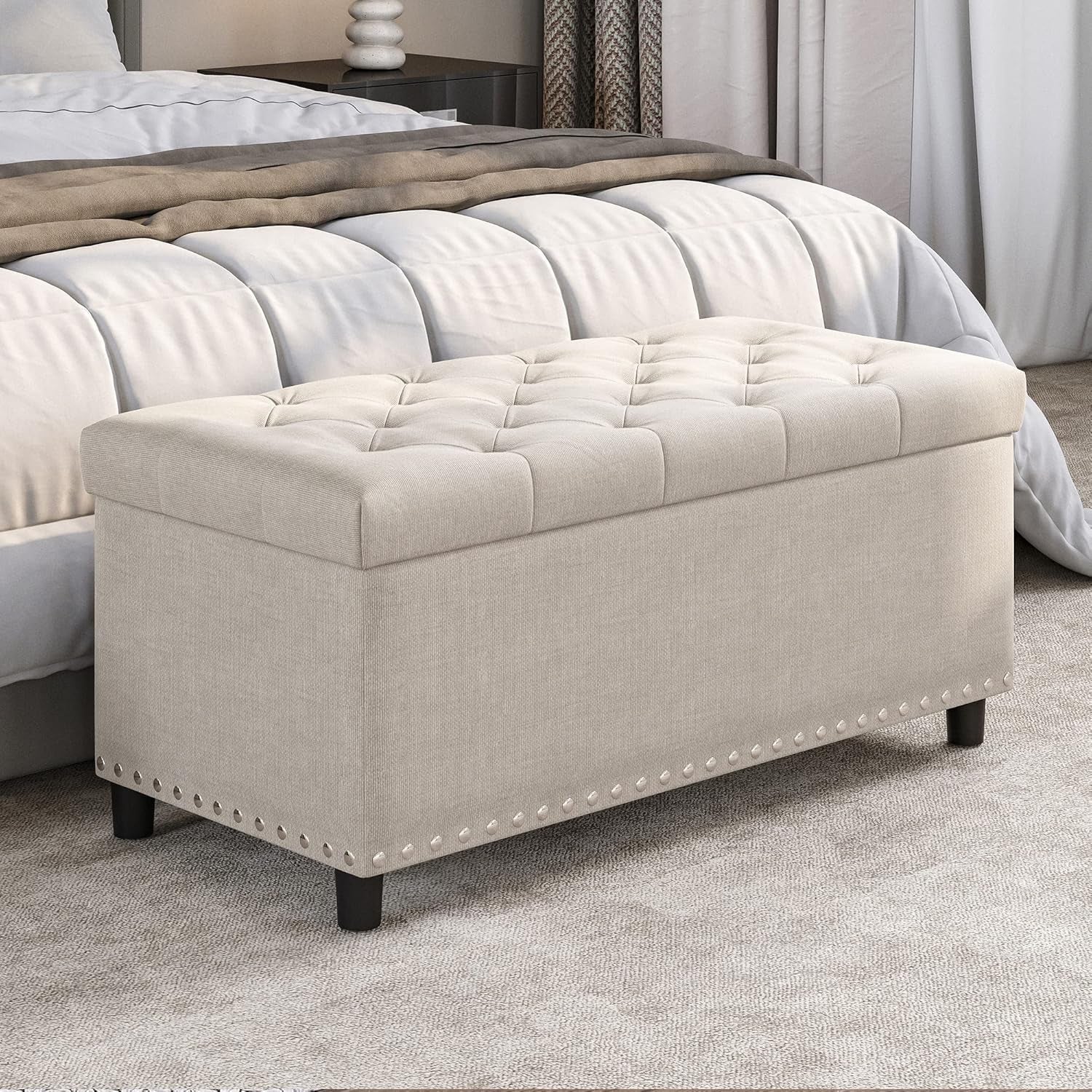 Rectangular Thirty Five Inch Beige Tufted Storage Ottoman Upholstered