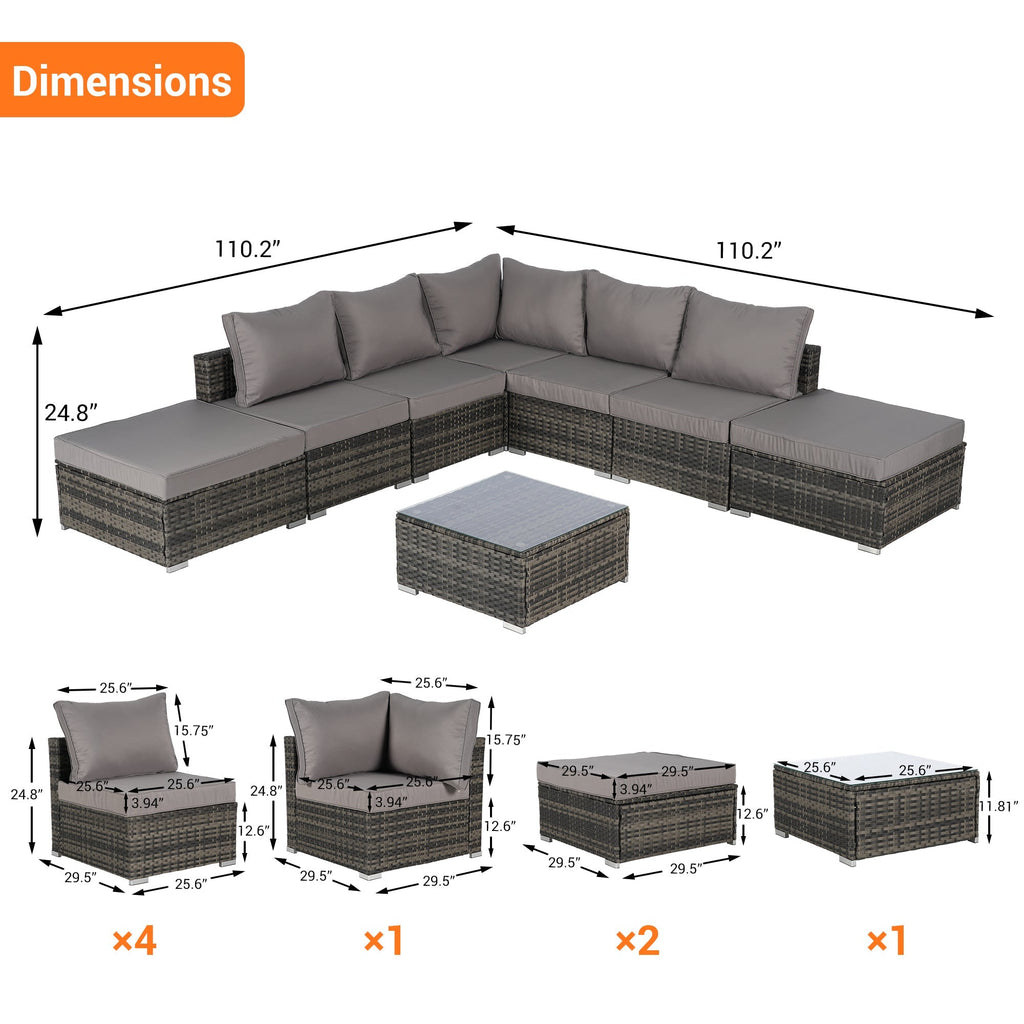 8 Pieces Outdoor Patio Sectional Sofa Couch with Washable Cushions & Glass Coffee Table
