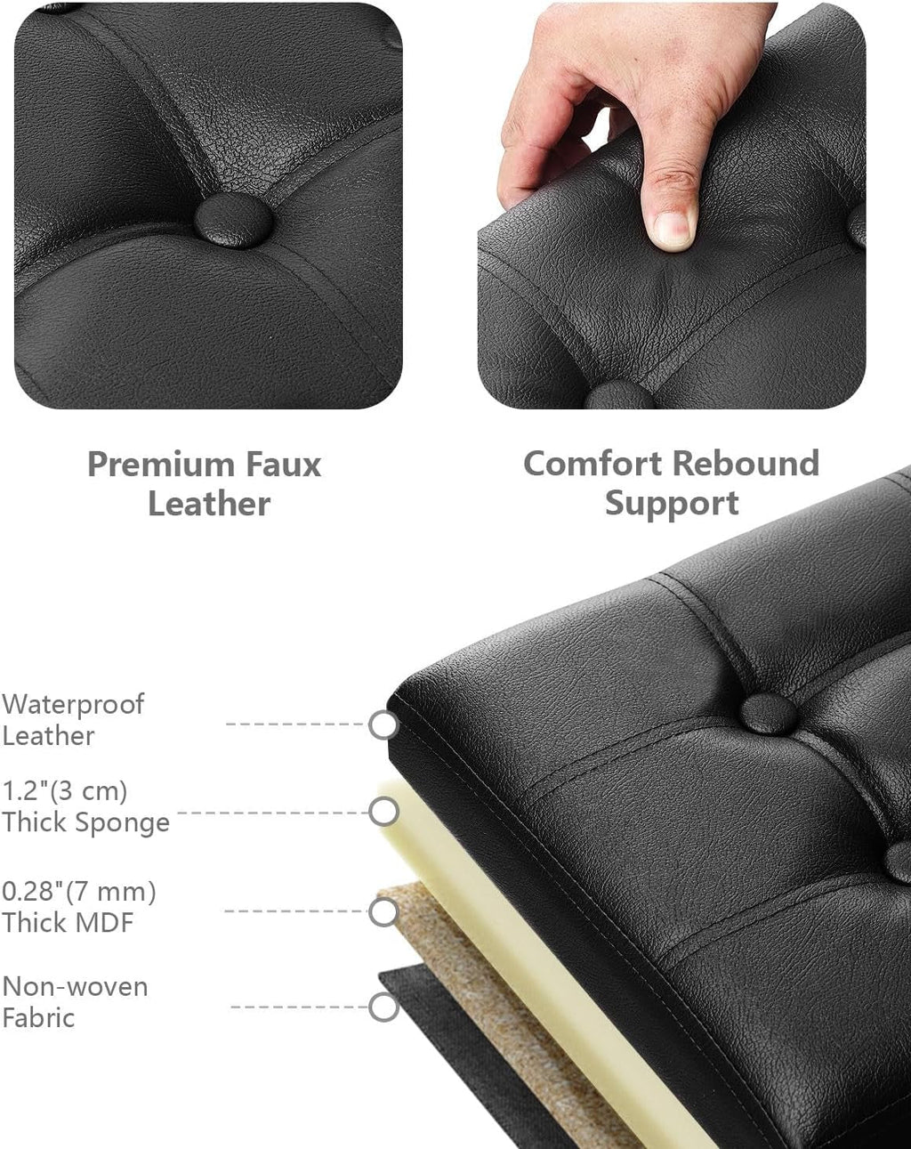 Ottoman With Premium Black Storage 34 Inch Dimension