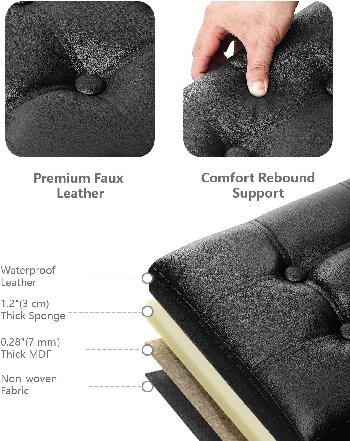Ottoman With Premium Black Storage 34 Inch Dimension