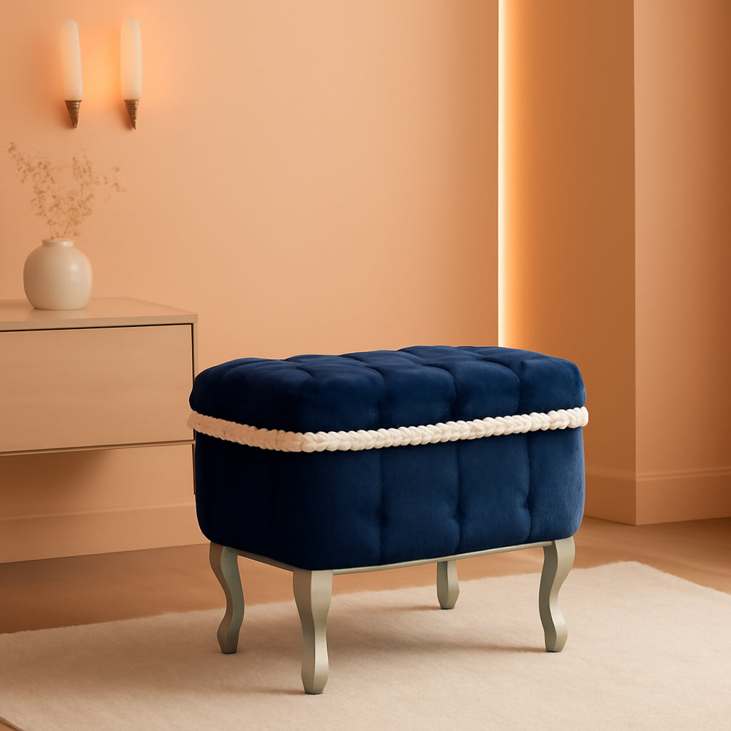 Blue 29.5 Inch Upholstered Storage Ottoman Cushion