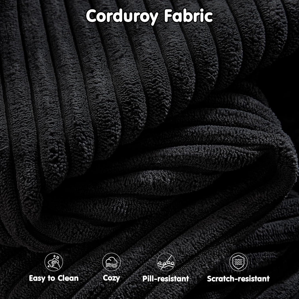 104 Inch Black Corduroy L Shaped Sectional Sofa Deep Set Upholstered Modular Couch No Assembly