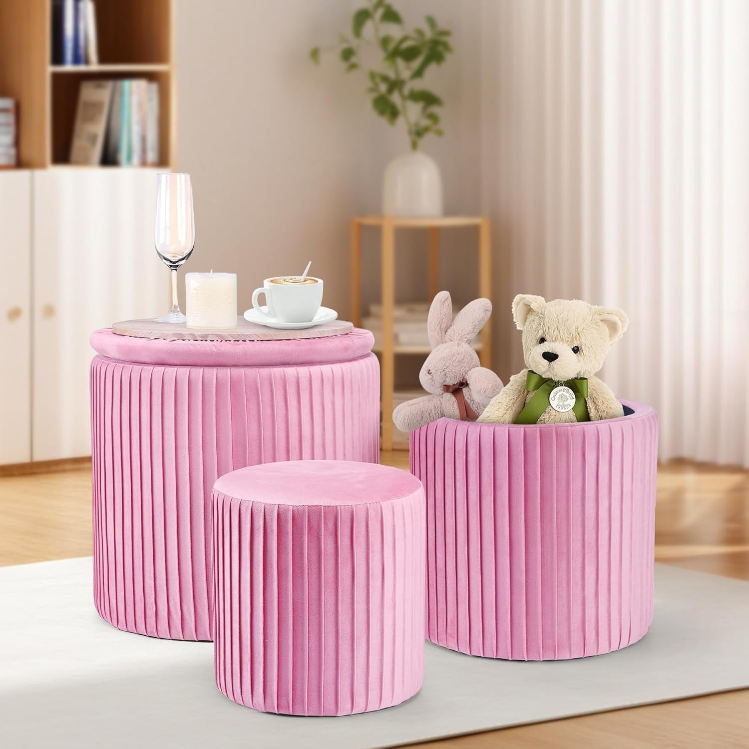 Small Round Velvet Ottoman With Storage Compartments