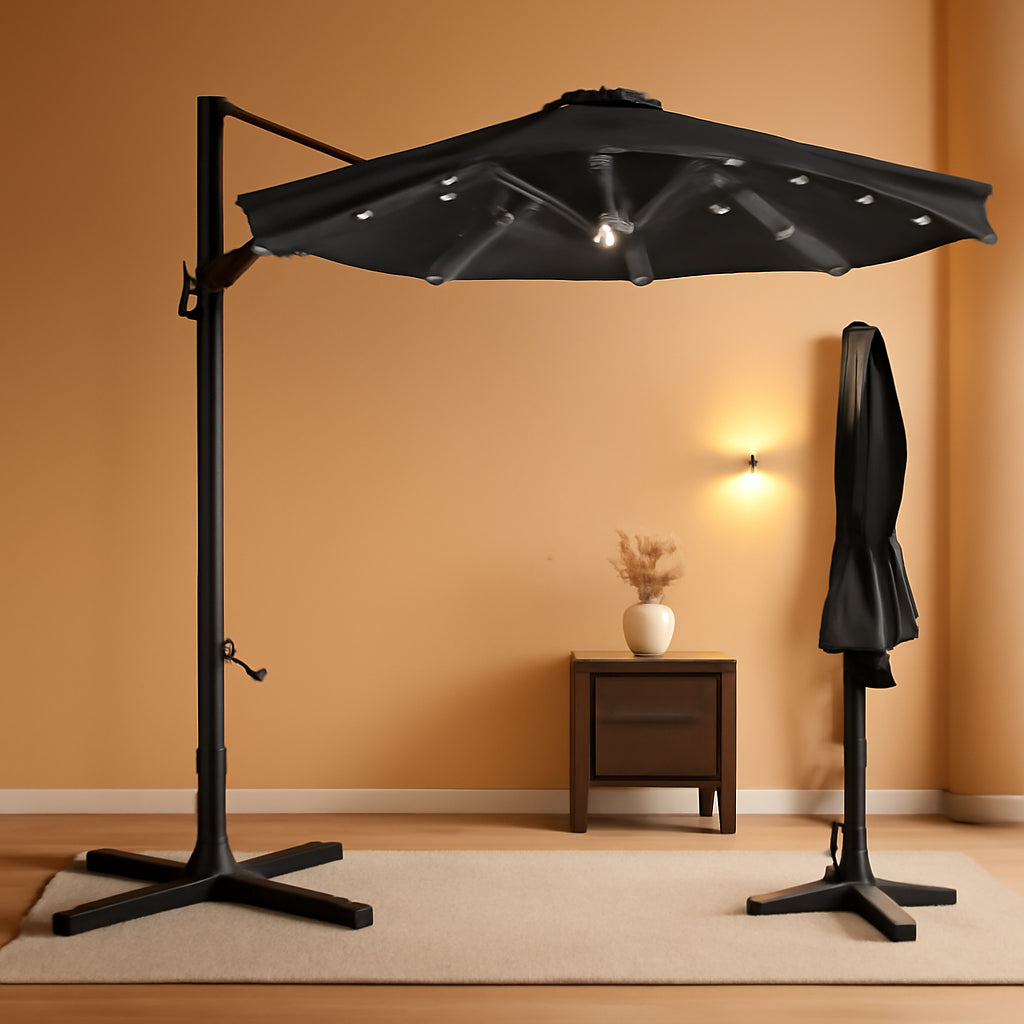 10 Ft Solar LED Cantilever Patio Umbrella With 360 Degree Rotation And Easy Tilt Offset Hanging Design Cross Base