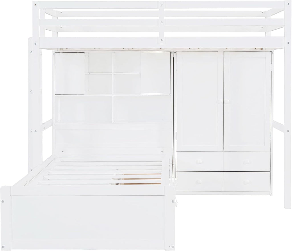 White Twin Over Twin Bunk Bed With Drawers And Wardrobe
