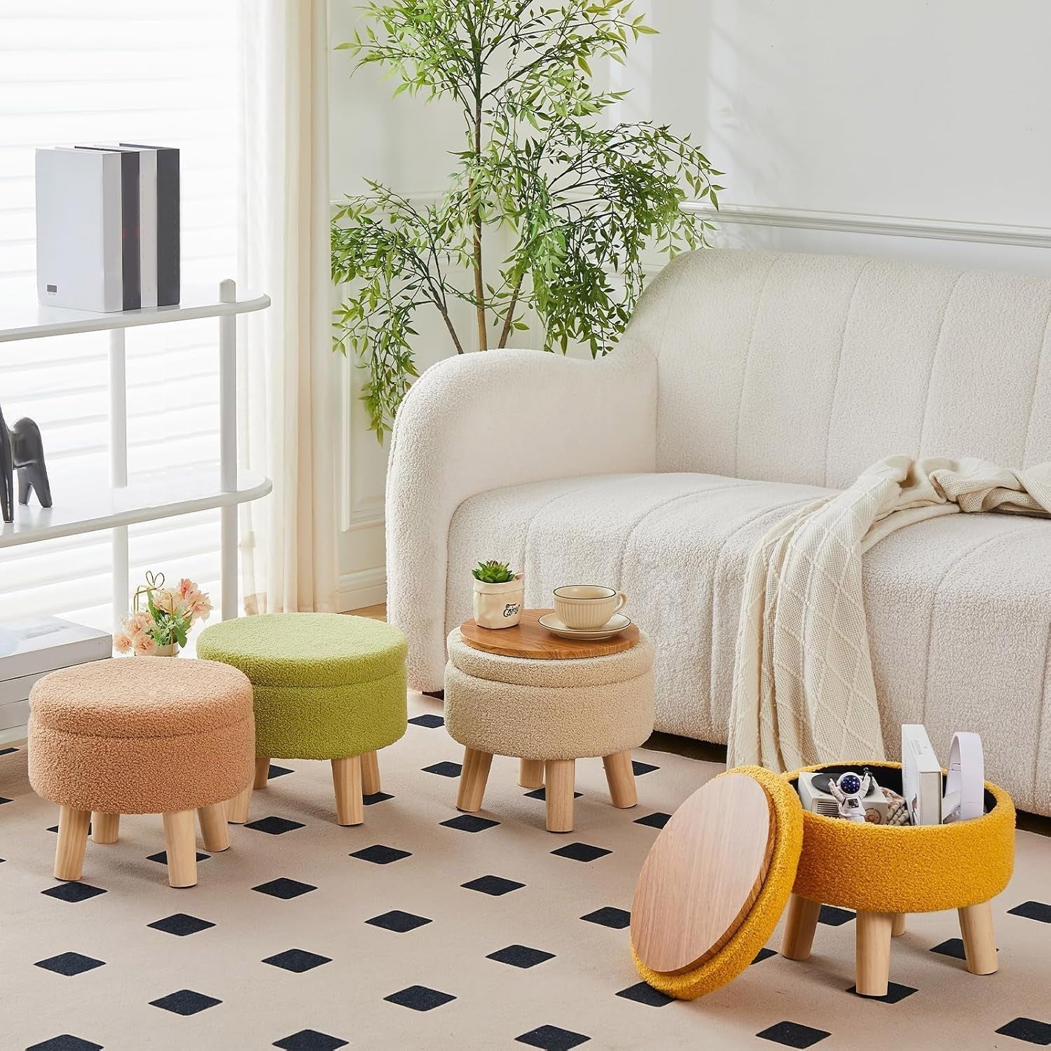 Storage Ottoman Round Footstool Velvet Modern Utility