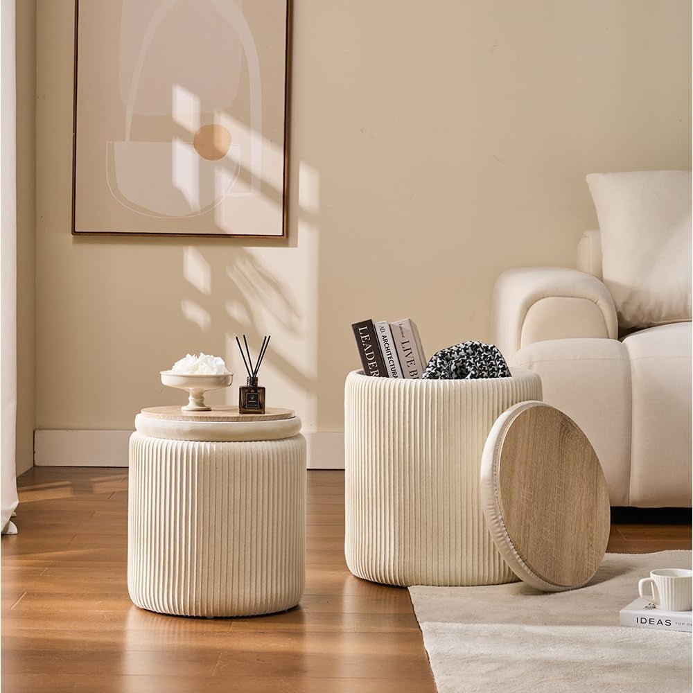 White Storage Ottoman Round Velvet Upholstered Set