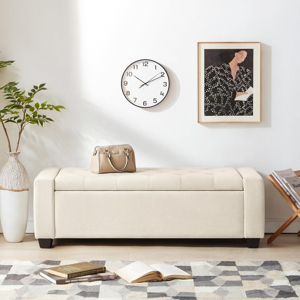48 Inch Storage Unit Ottoman Bench Upholstered Beige