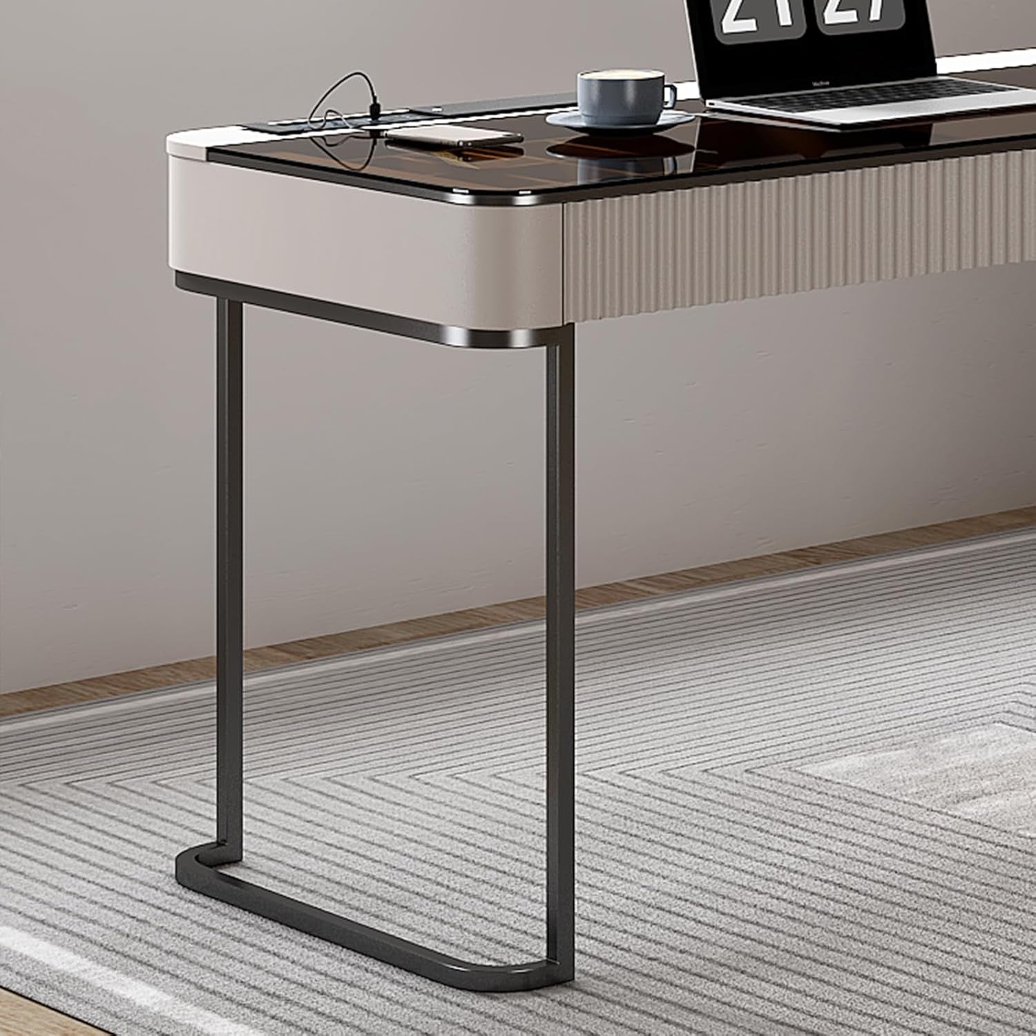 Ivory 50 Inch Office Computer Desk With Cabinet LED lights