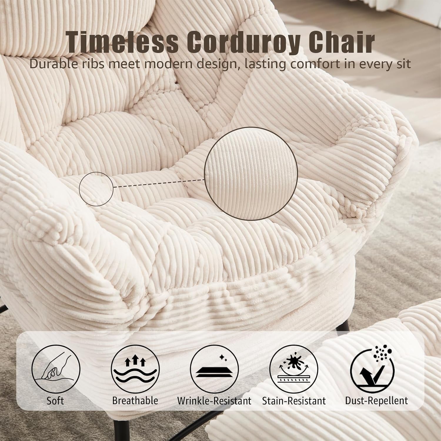 Large Corduroy White Armchair With Ottoman Footrest