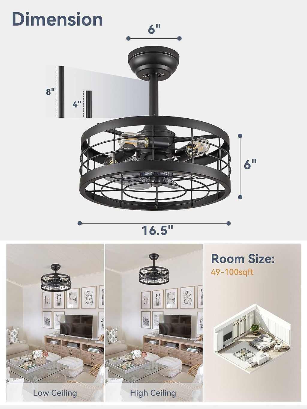 16.5 Inch Black Ceiling Fan Industrial Cage Design
