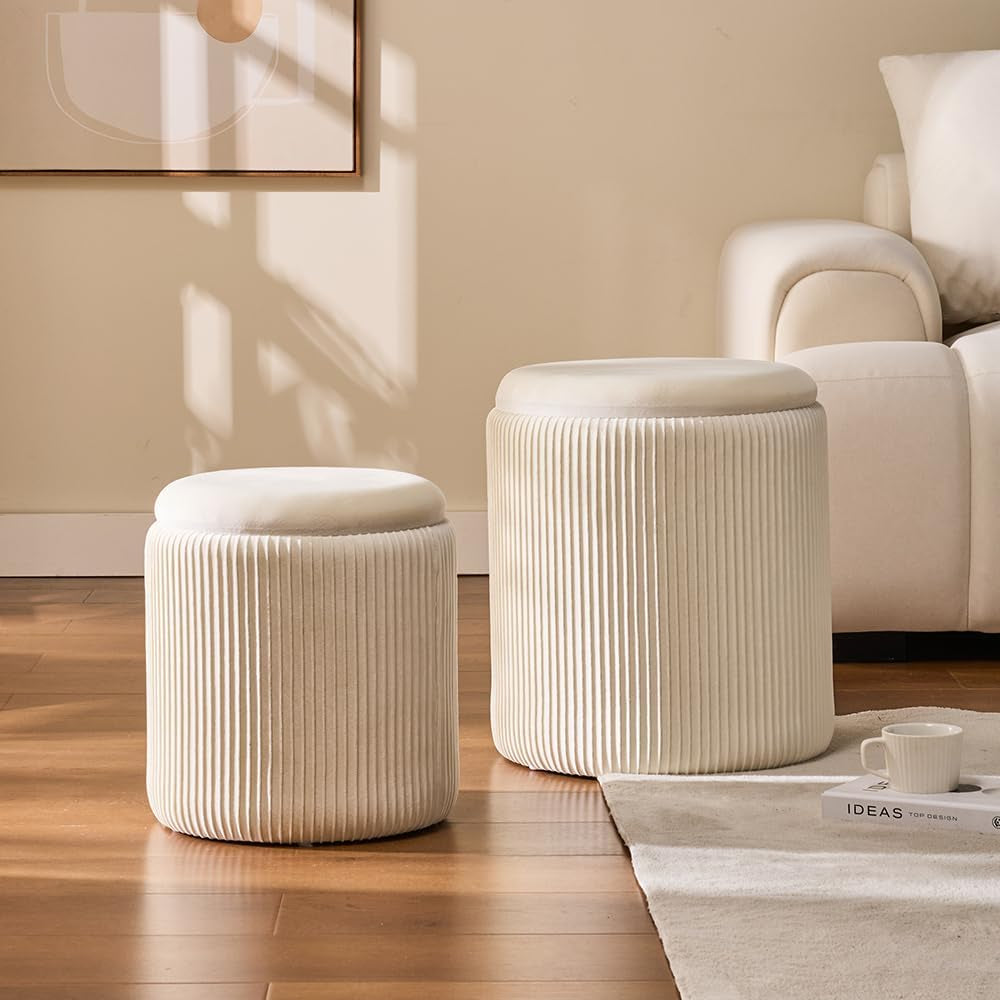 White Storage Ottoman Round Velvet Upholstered Set