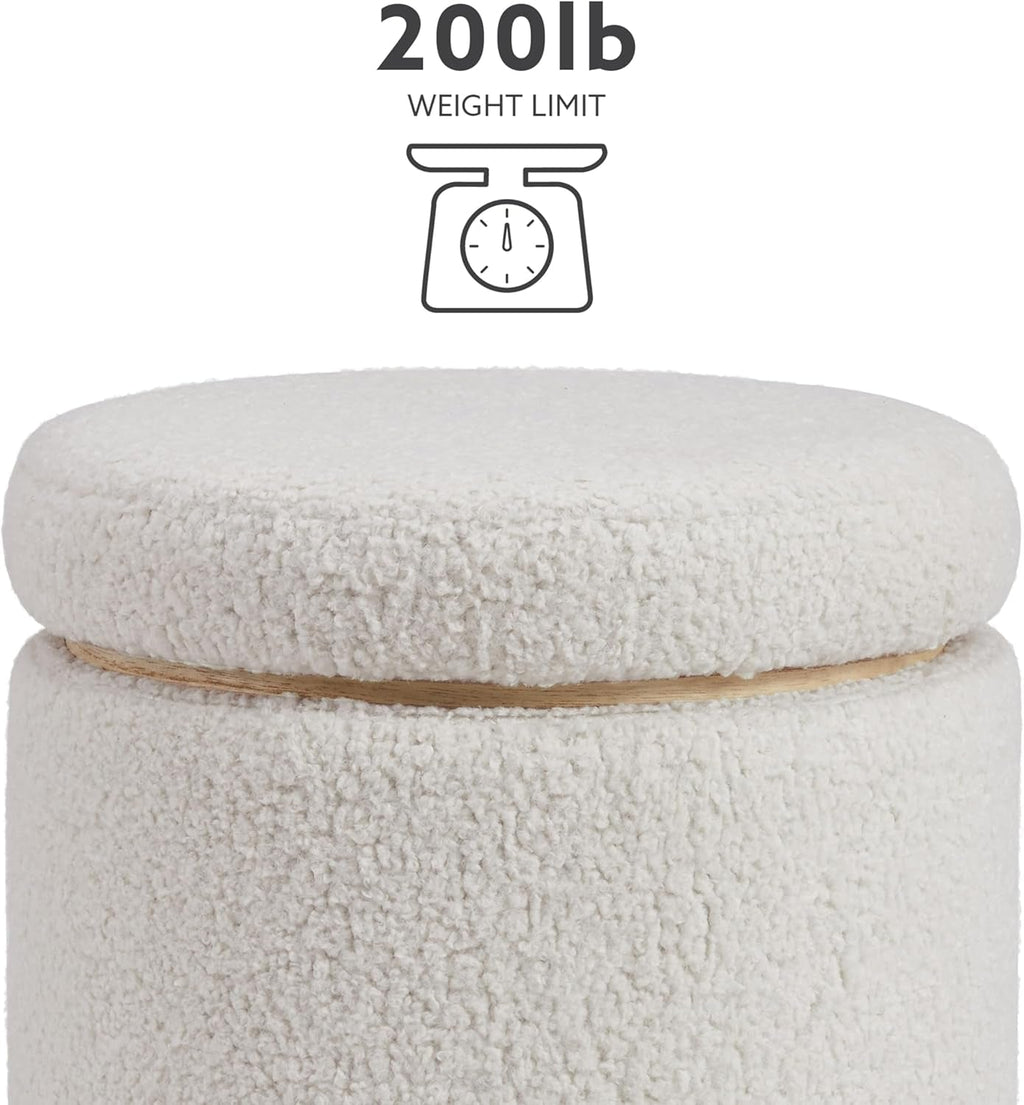 Cream Sherpa Deluxe Storage Ottoman Solidwood Base