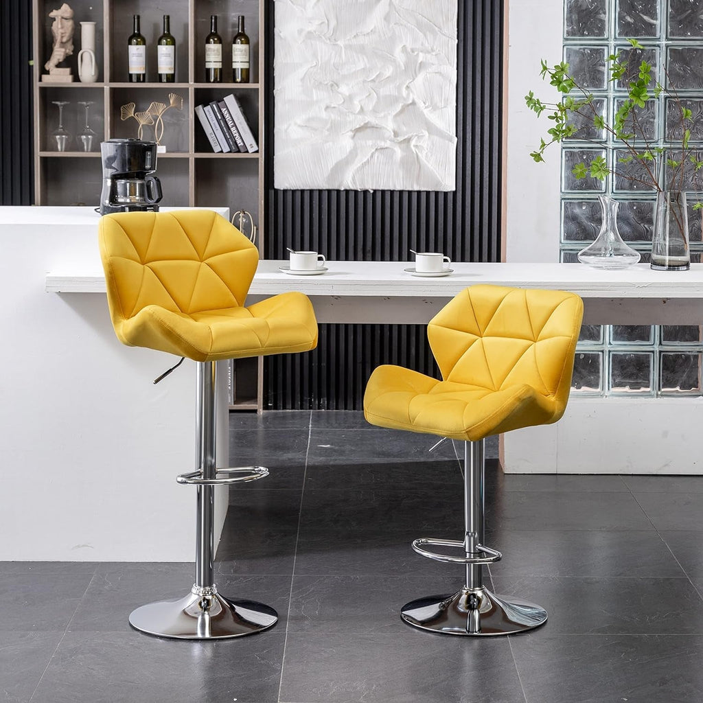 Yellow Velvet Diamond Tufted Swivel Barstools Set Of 2
