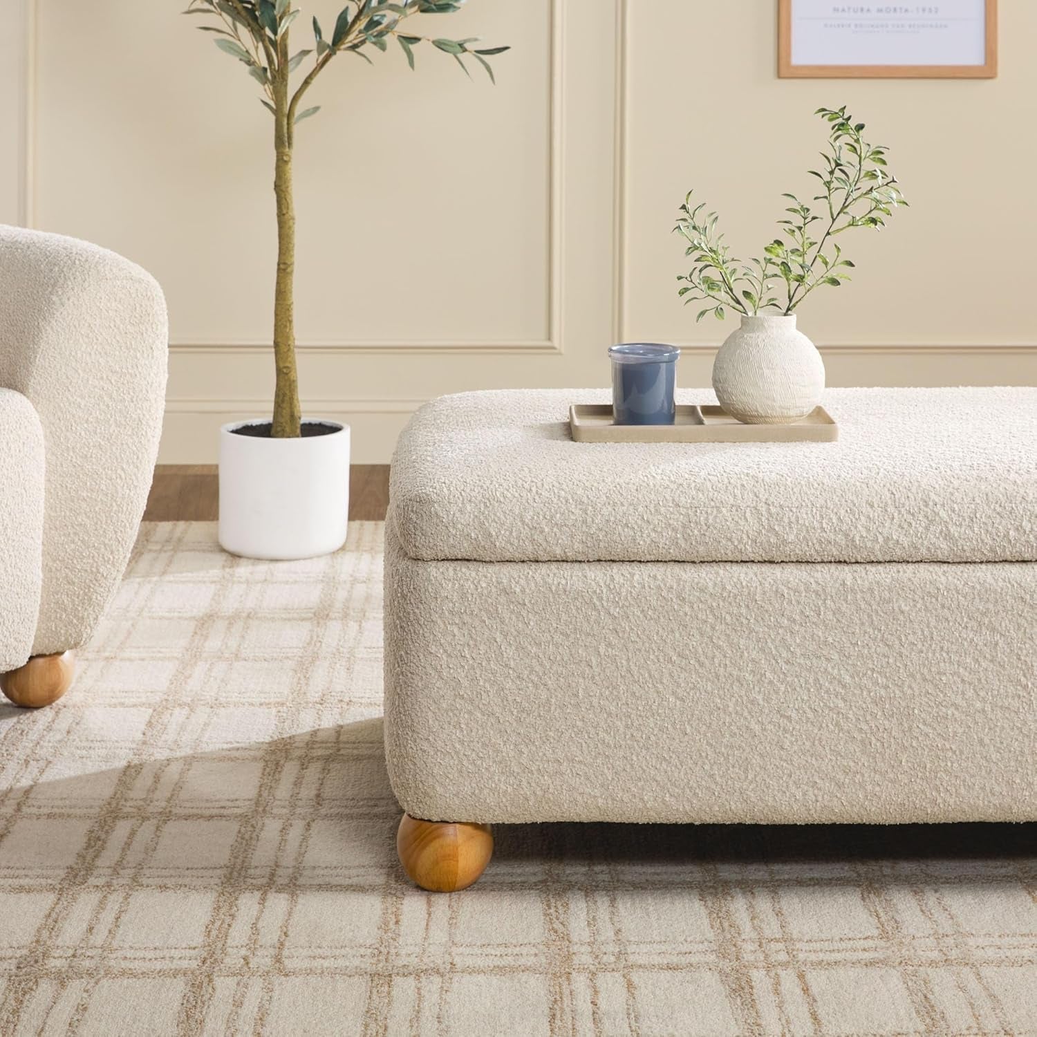 Contemporary Large Ivory Storage Ottoman With Legs