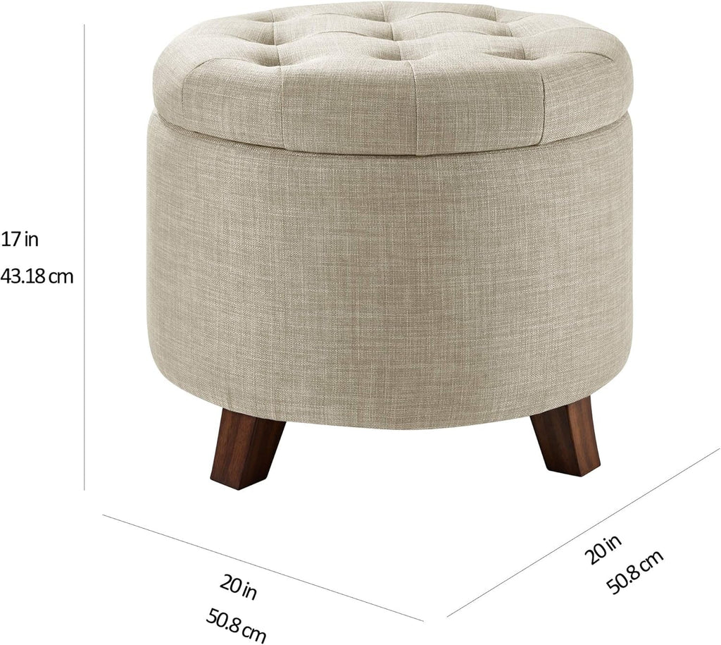 Beige Linen Round Storage Ottoman Featuring Tufting
