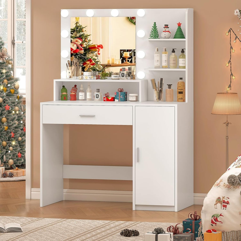 White Vanity Desk With Mirror And Lights Storage Drawers