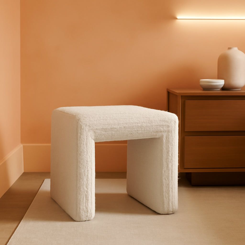 Cream Soft Boucle Upholstered Ottoman Footrest 18 Inches