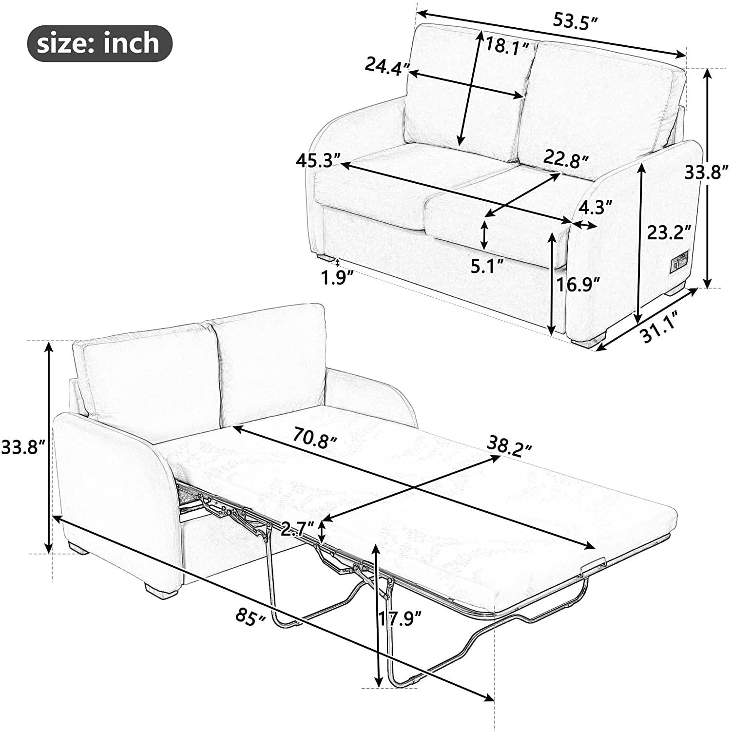 Black Velvet Loveseat Sleeper With USB Built In Plug