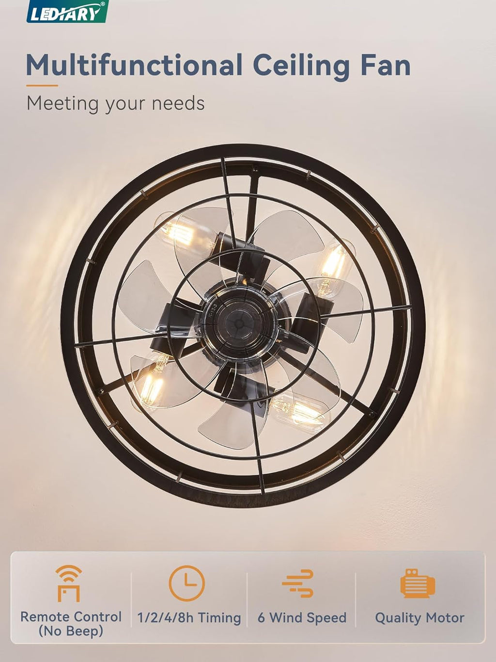 16.5 Inch Black Ceiling Fan Industrial Cage Design