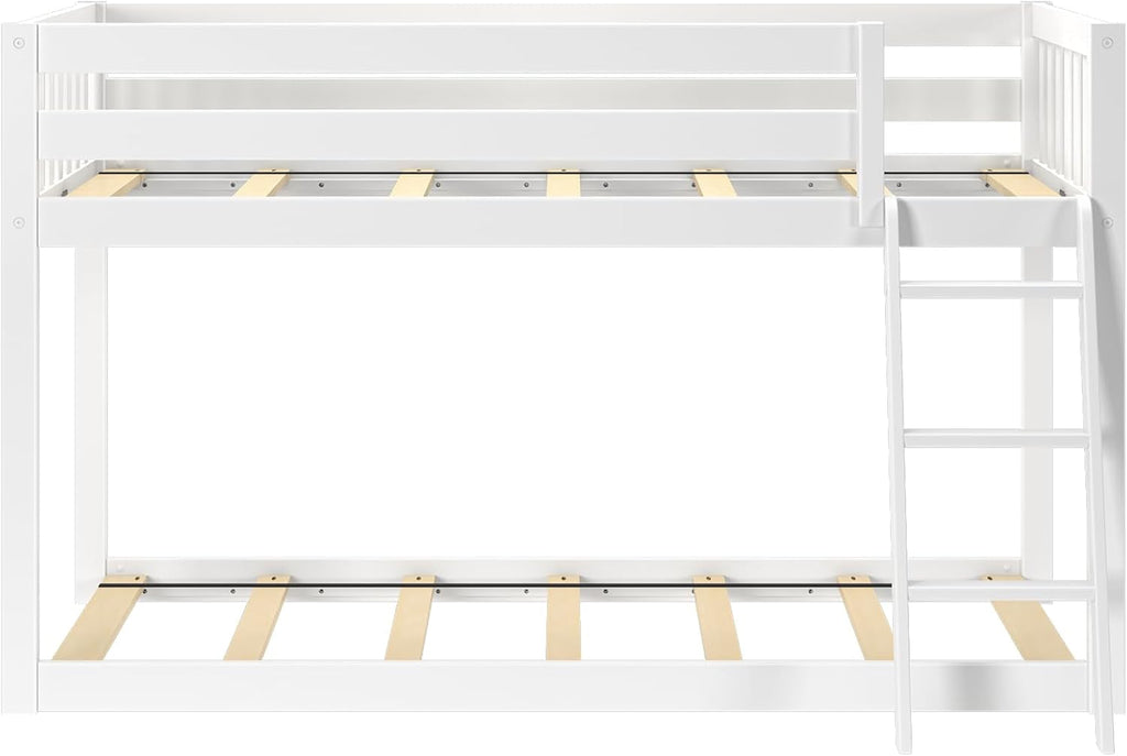 White Twin Low Bunk Bed Solid Wood Frame For Kids Safe