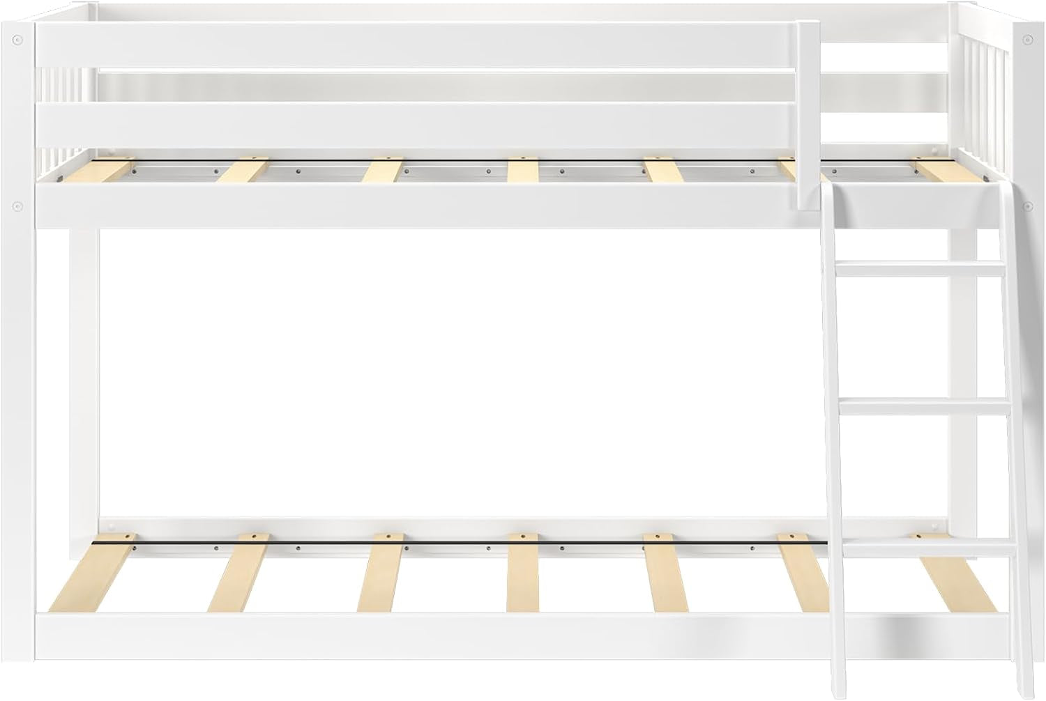 White Twin Low Bunk Bed Solid Wood Frame For Kids Safe