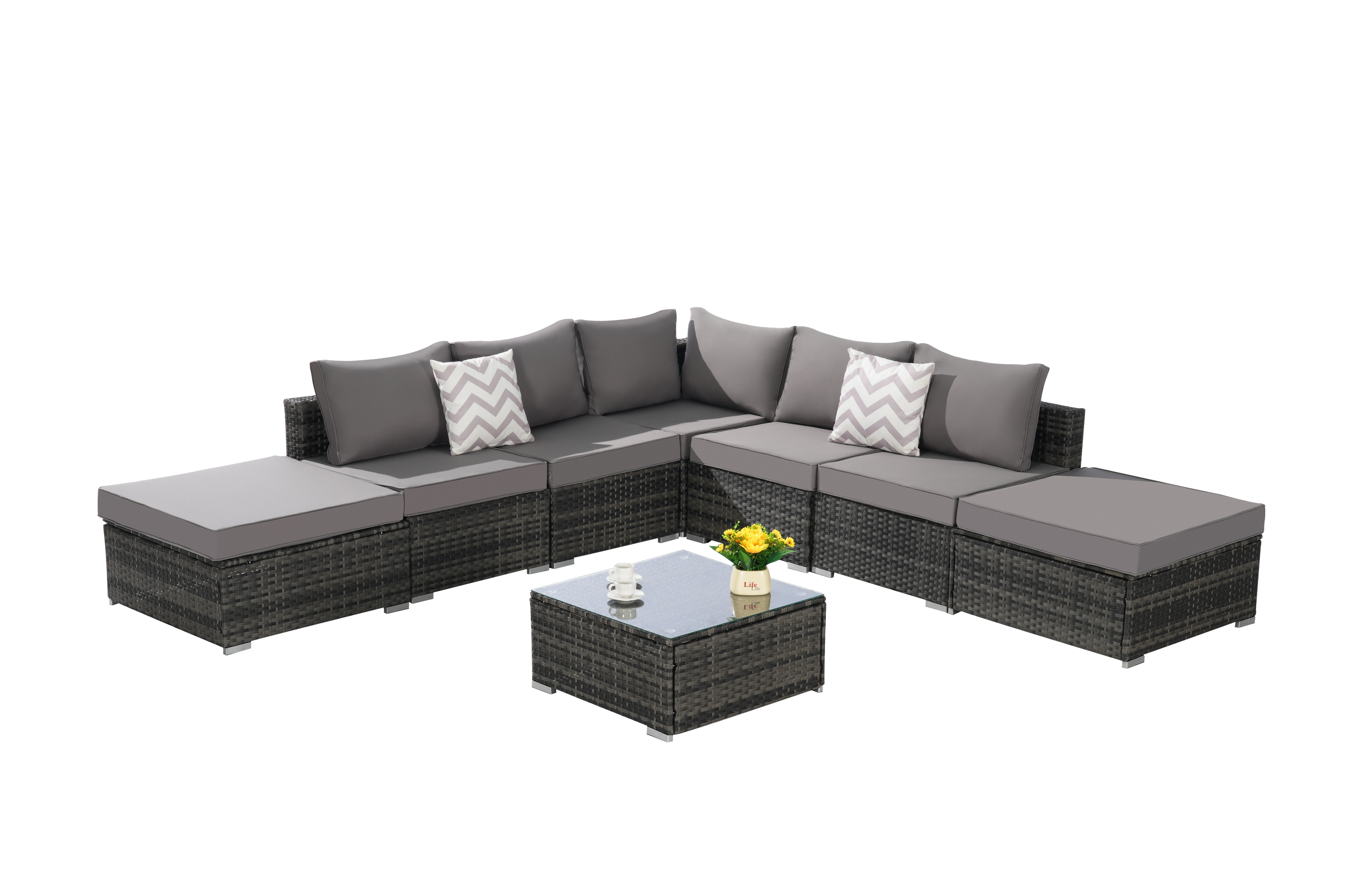 8 Pieces Outdoor Patio Sectional Sofa Couch with Washable Cushions & Glass Coffee Table