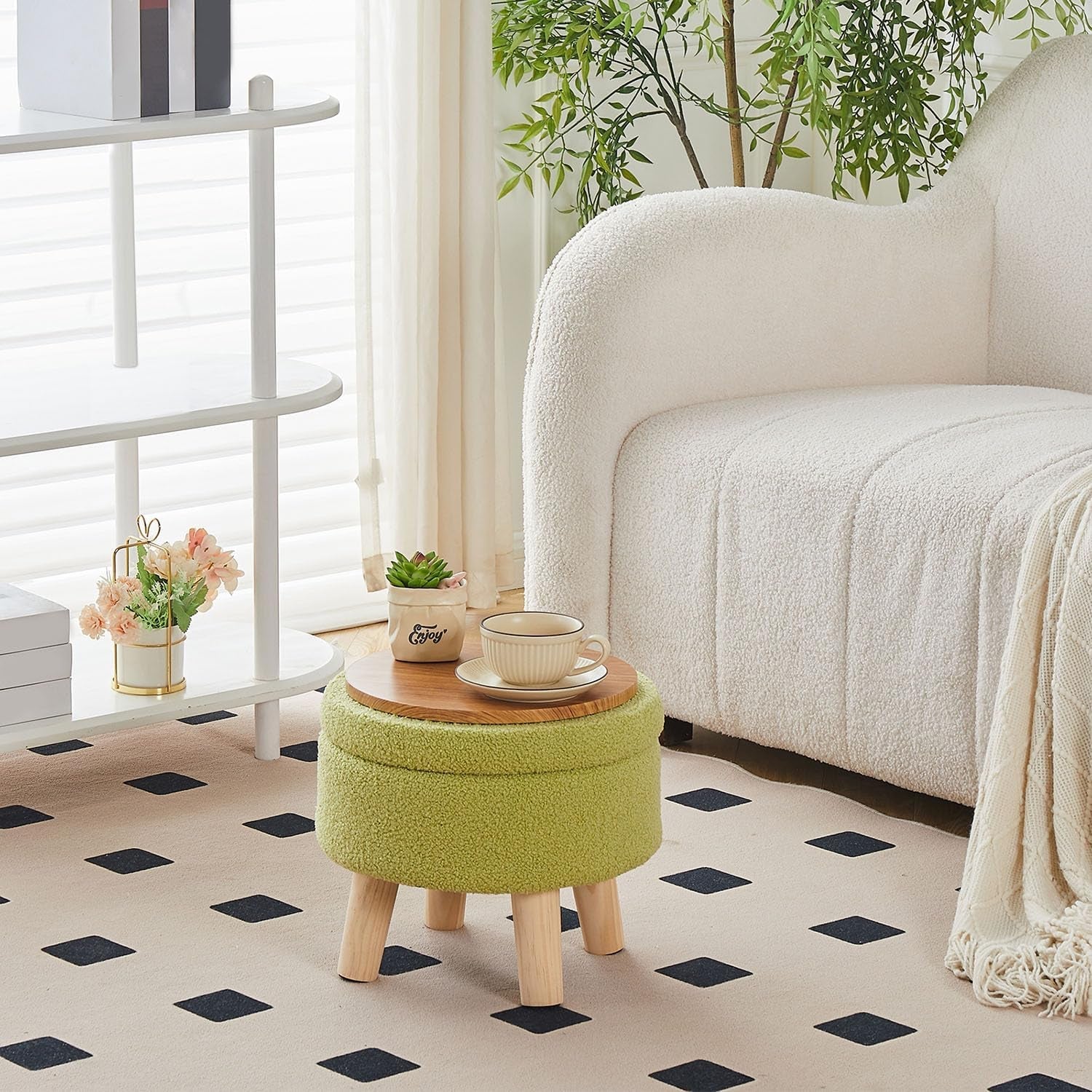 Storage Ottoman Round Footstool Velvet Modern Utility