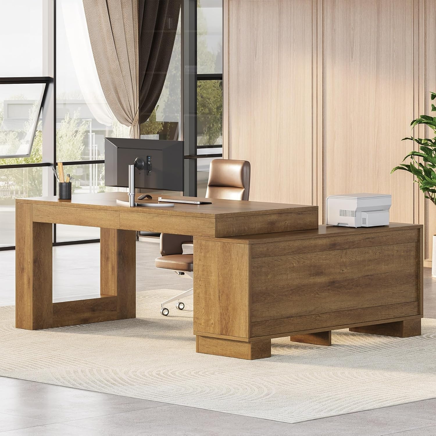 Brown 63 Inch Long L Shaped Desk With Sliding Cabinets