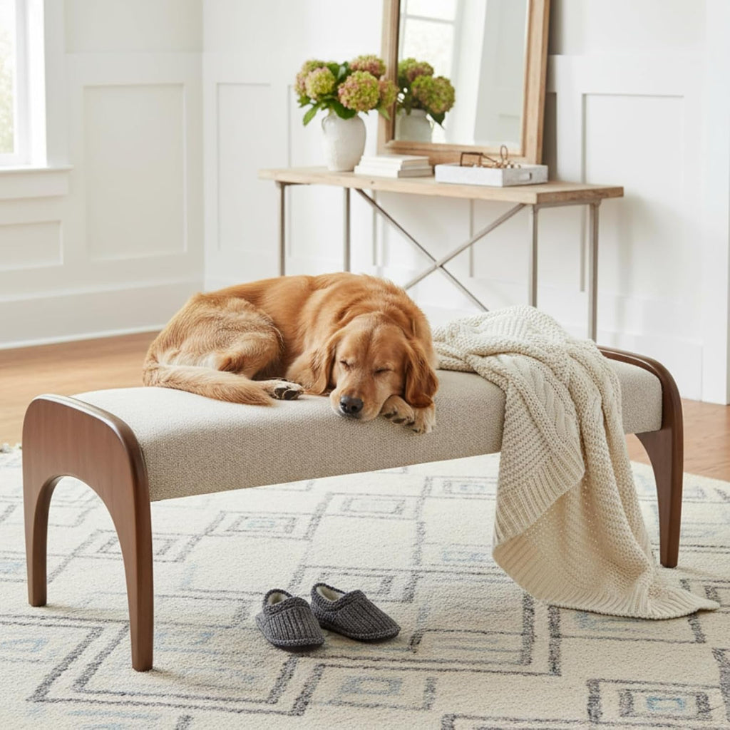 51-Inch Wide Ottoman Bench Beige Sherpa Upholstery