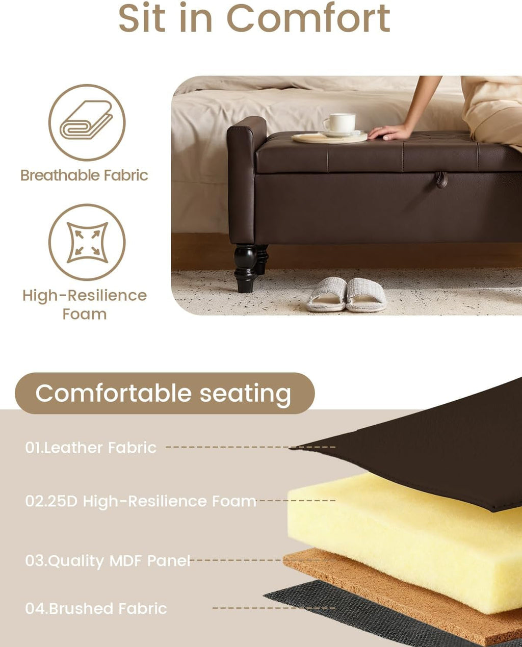 Brown Genuine Leather Storage Ottoman Bench Bedside