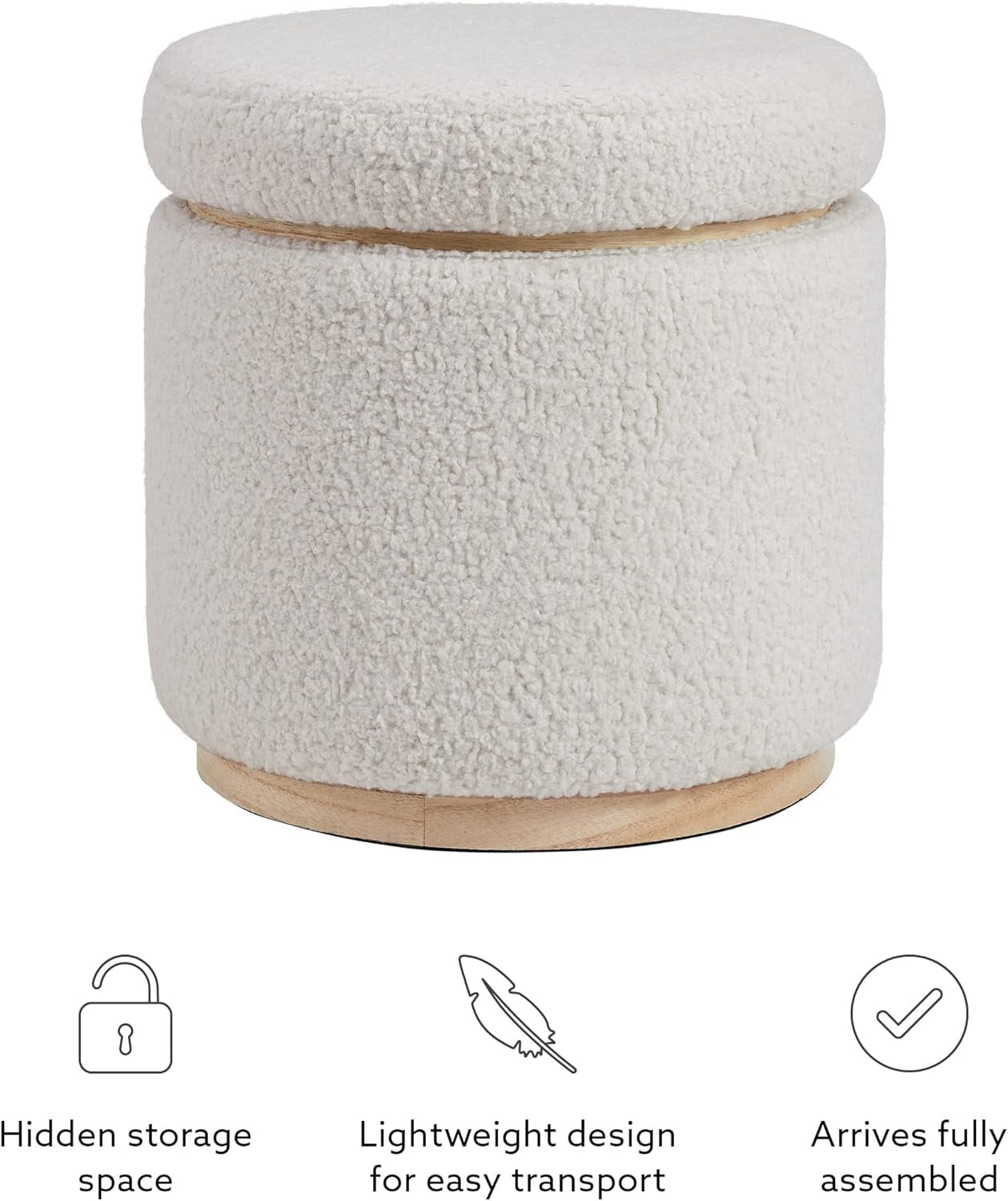 Cream Sherpa Deluxe Storage Ottoman Solidwood Base