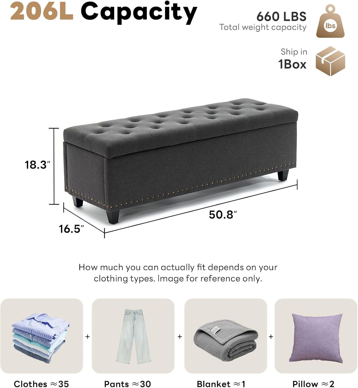 50.8 Inches Gray Upholstered Storage Ottoman Bench
