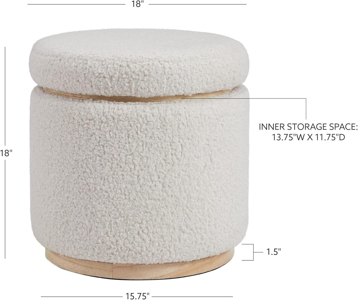 Cream Sherpa Deluxe Storage Ottoman Solidwood Base