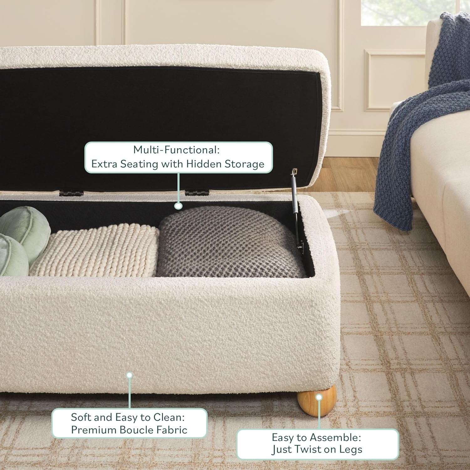 Contemporary Large Ivory Storage Ottoman With Legs