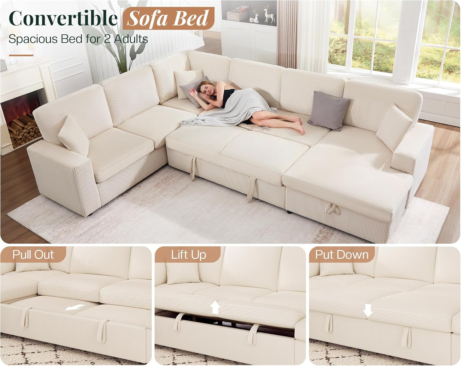 130Inch Beige Upholstered Sleeper Sofa With Storage