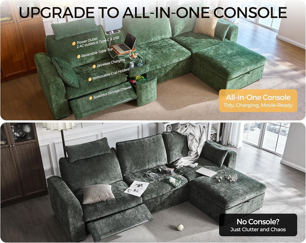 102.8 Inch White Power Recliner Sofa With Headrest And USB Charging Storage Ottoman
