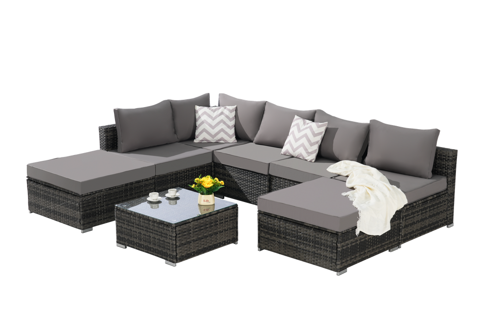 8 Pieces Outdoor Patio Sectional Sofa Couch with Washable Cushions & Glass Coffee Table