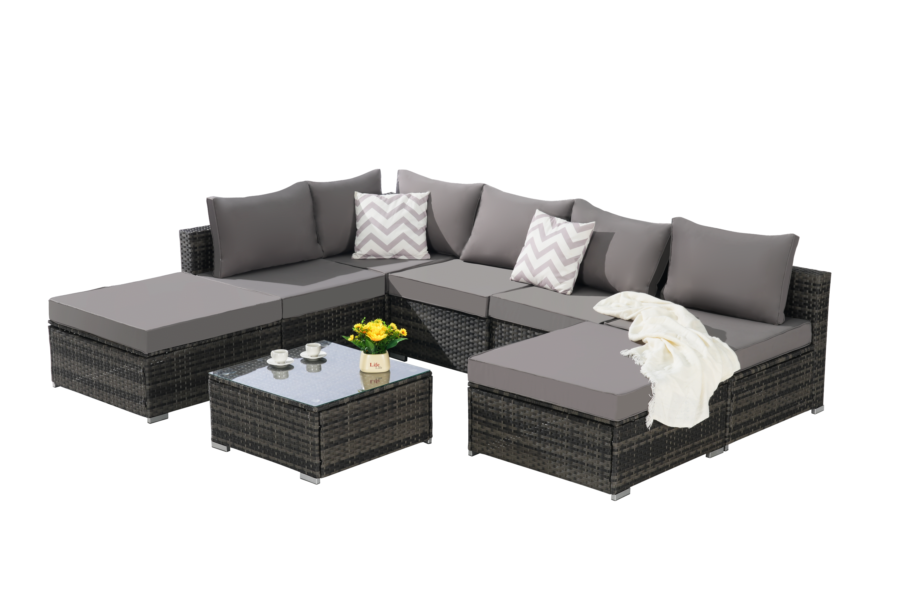 8 Pieces Outdoor Patio Sectional Sofa Couch with Washable Cushions & Glass Coffee Table