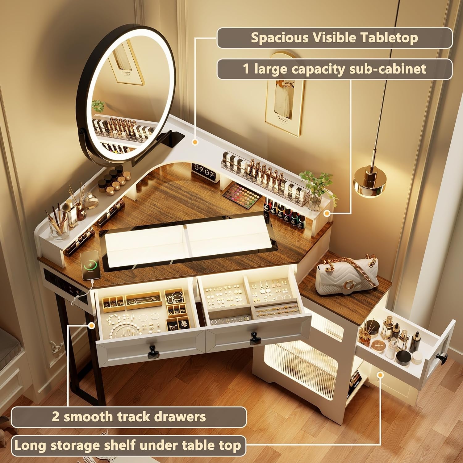 White Corner Vanity Mirror With Built In Charging Station