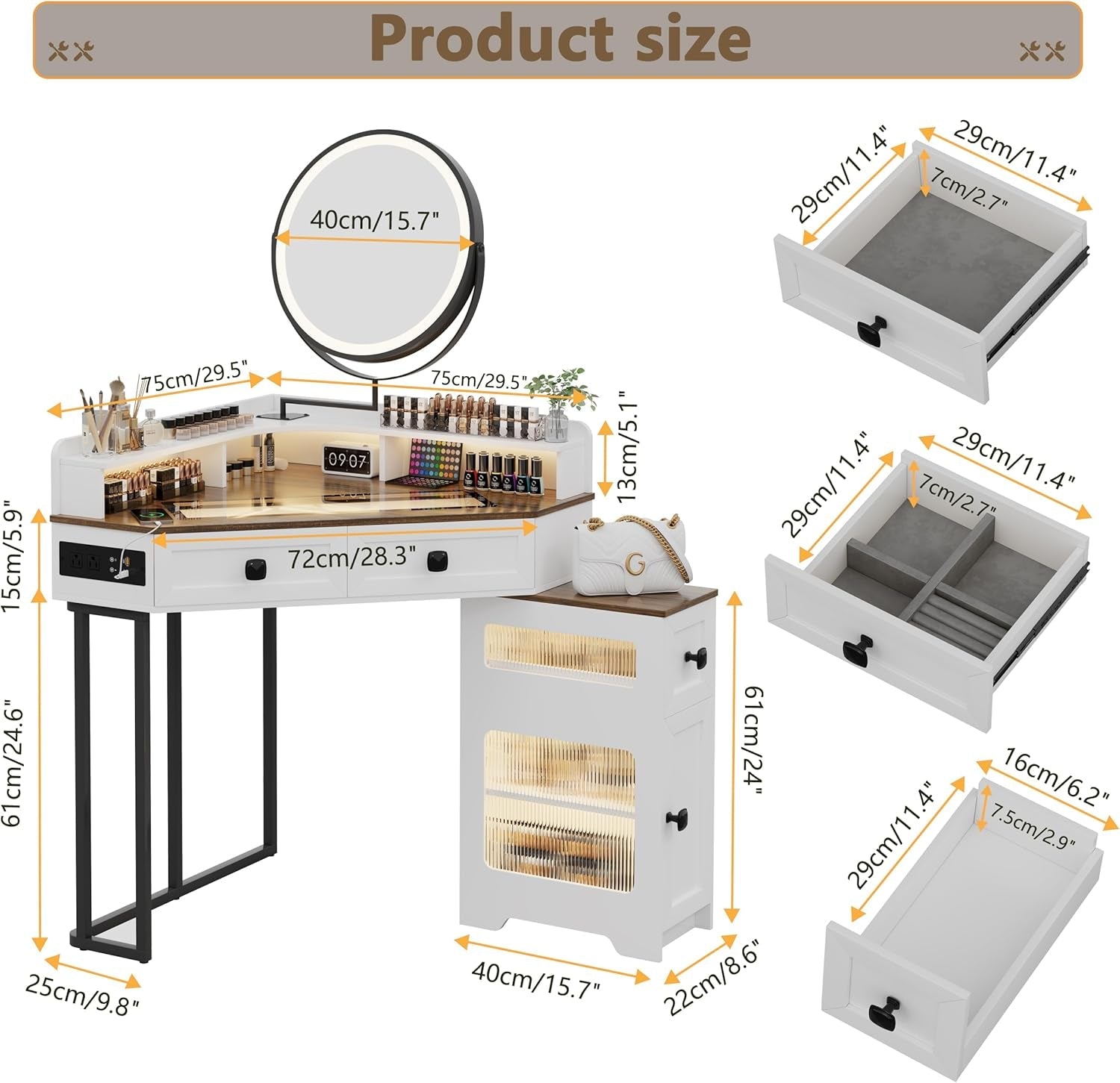 White Corner Vanity Mirror With Built In Charging Station
