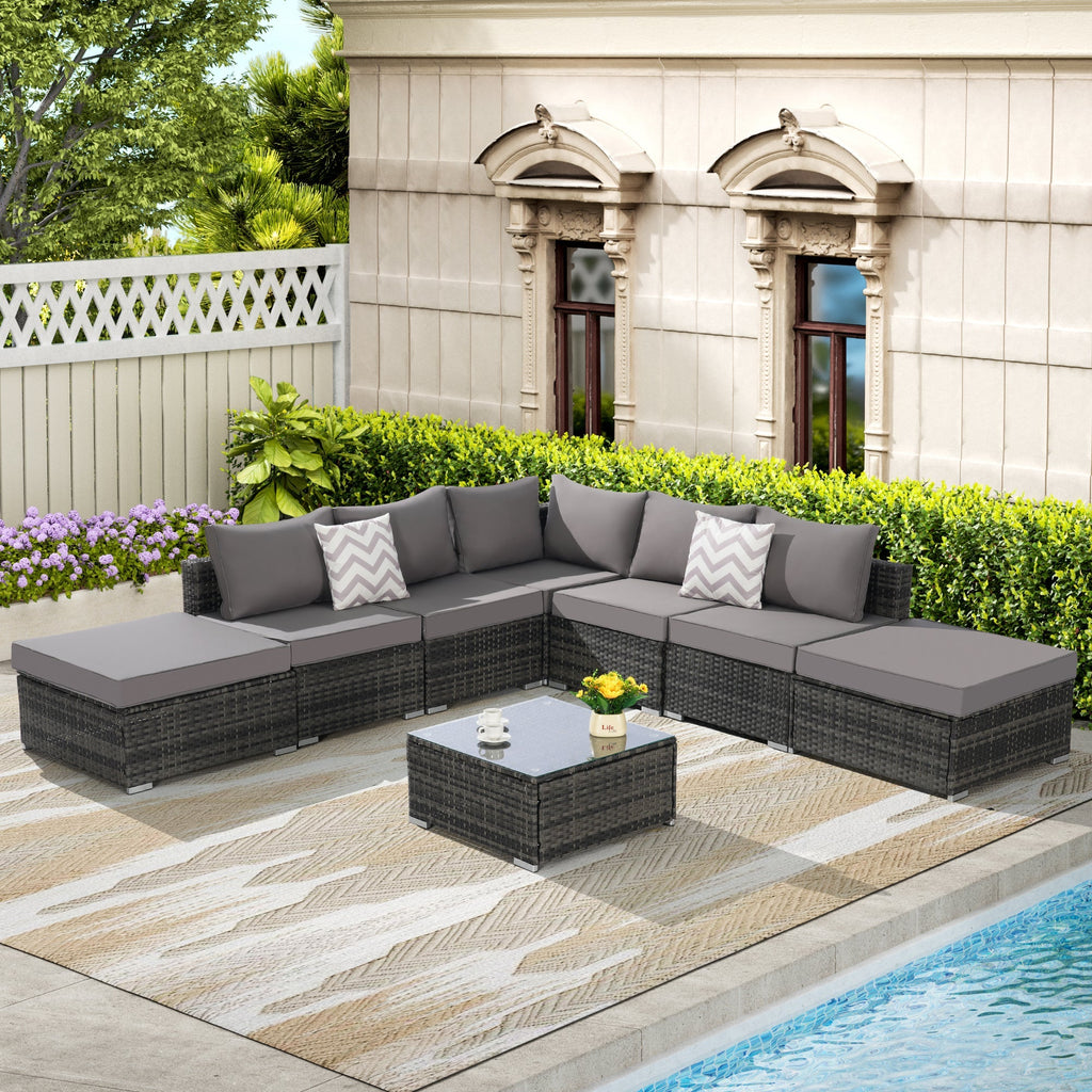 8 Pieces Outdoor Patio Sectional Sofa Couch with Washable Cushions & Glass Coffee Table