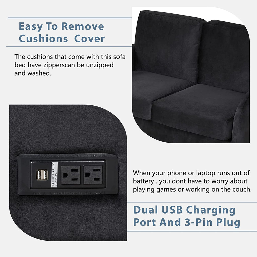 Black Velvet Loveseat Sleeper With USB Built In Plug