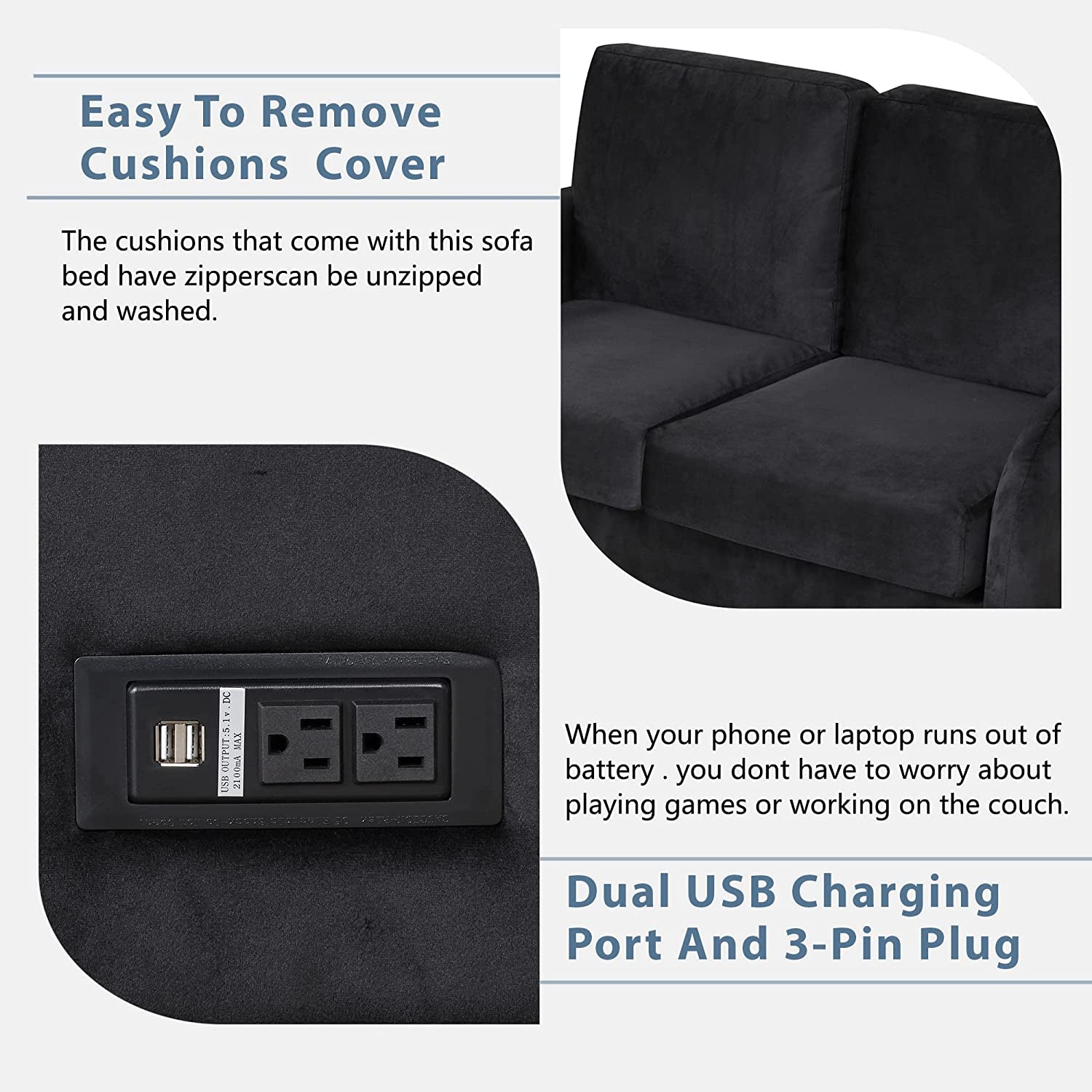 Black Velvet Loveseat Sleeper With USB Built In Plug