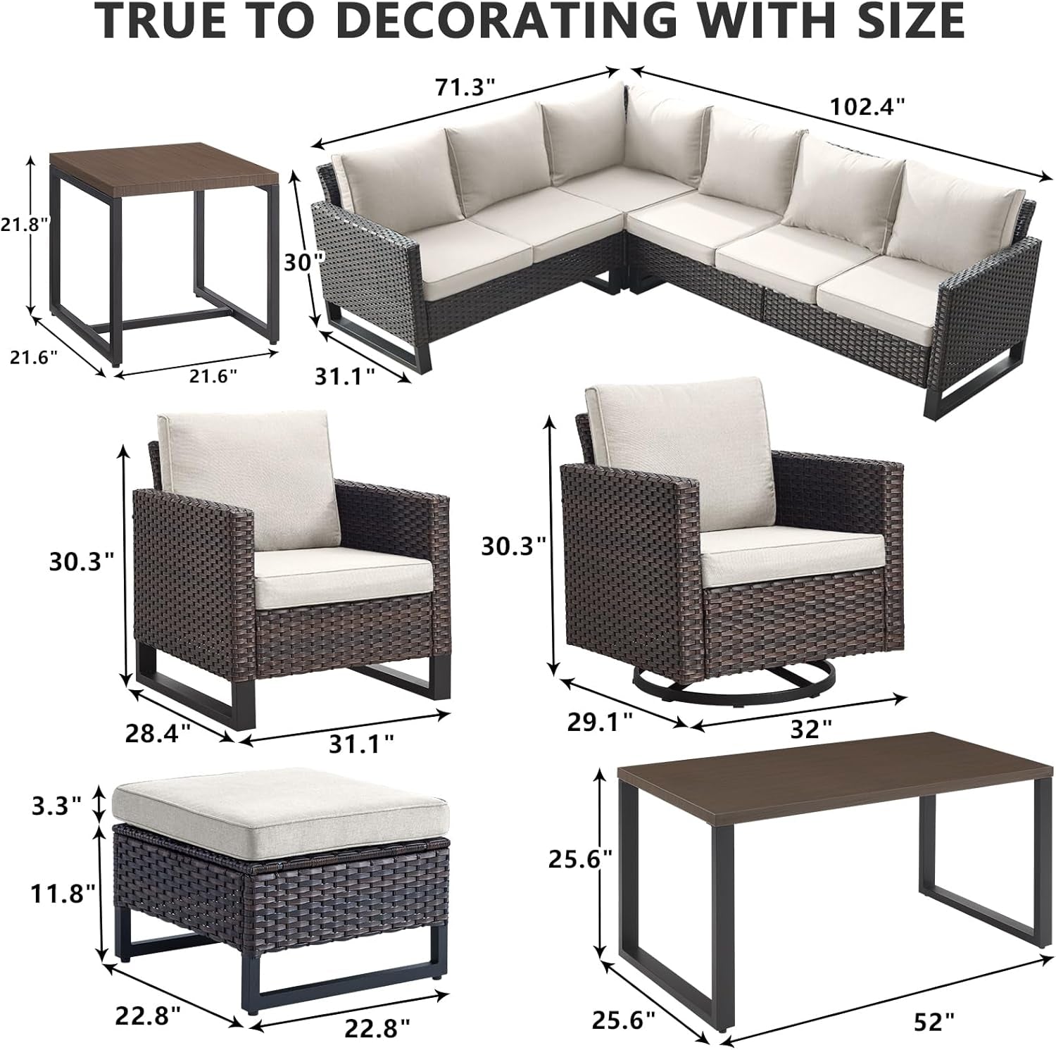 10 Piece Outdoor Sectional Sofa Set with Swivel Chairs