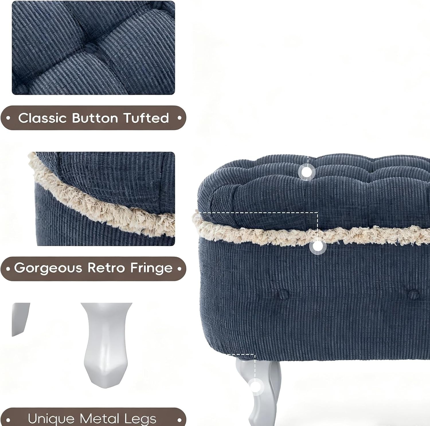 Blue 29.5 Inch Upholstered Storage Ottoman Cushion