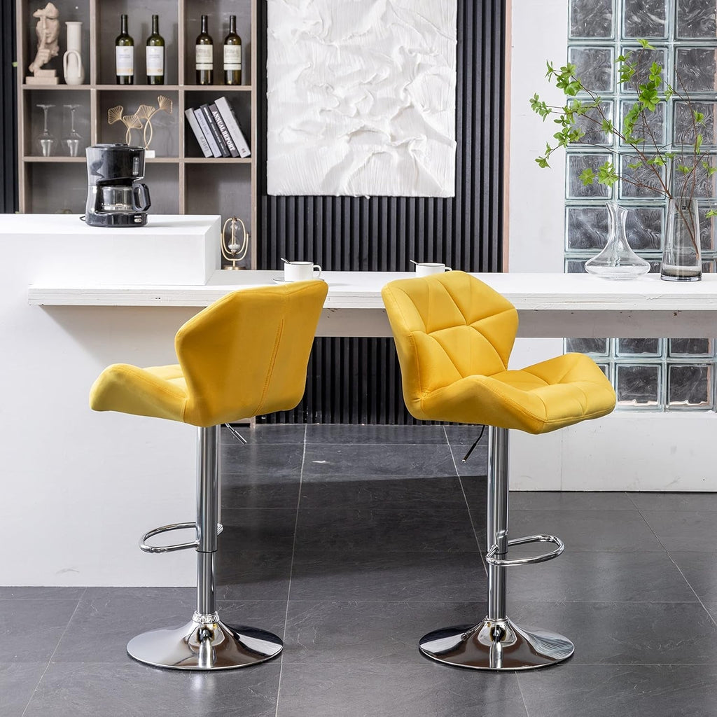 Yellow Velvet Diamond Tufted Swivel Barstools Set Of 2