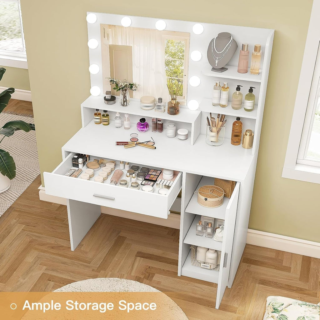 White Vanity Desk With Mirror And Lights Storage Drawers